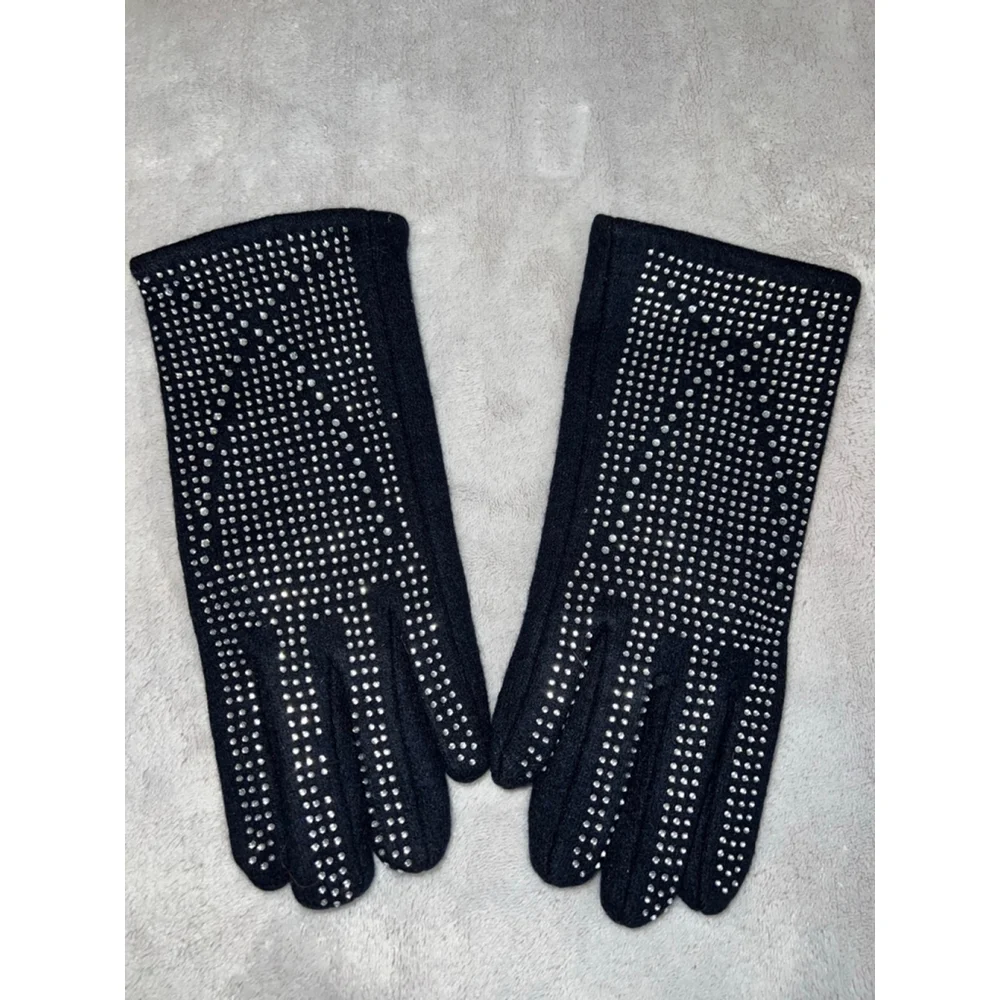 Women's Black Silver Rhinestone Cashmere Blend Gloves One Size